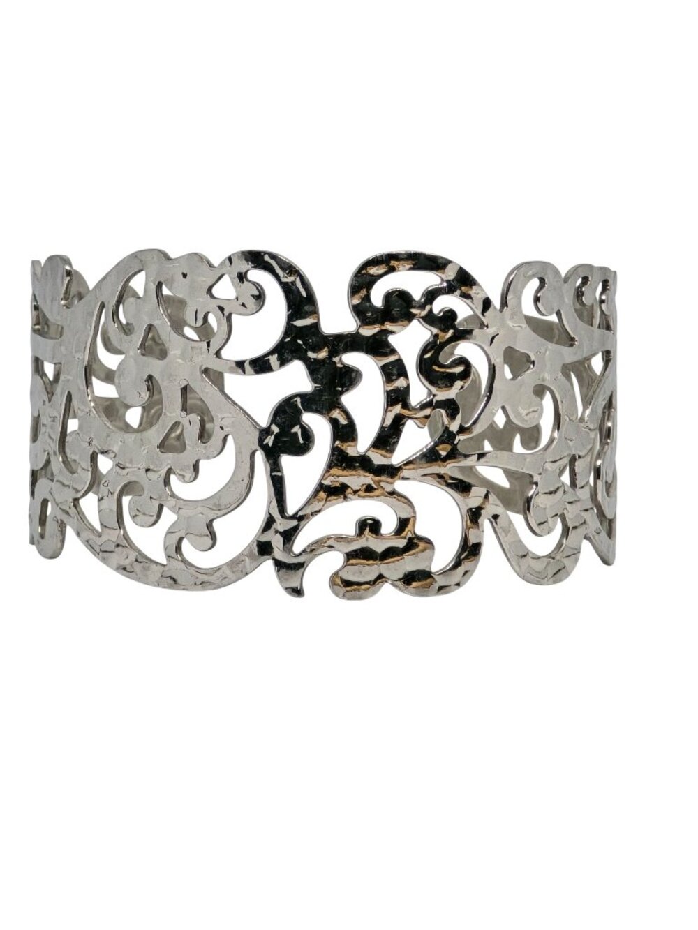 Stainless Steel Hammered Open Cuff Bracelet Silver Tone Scroll Filigree Statemen